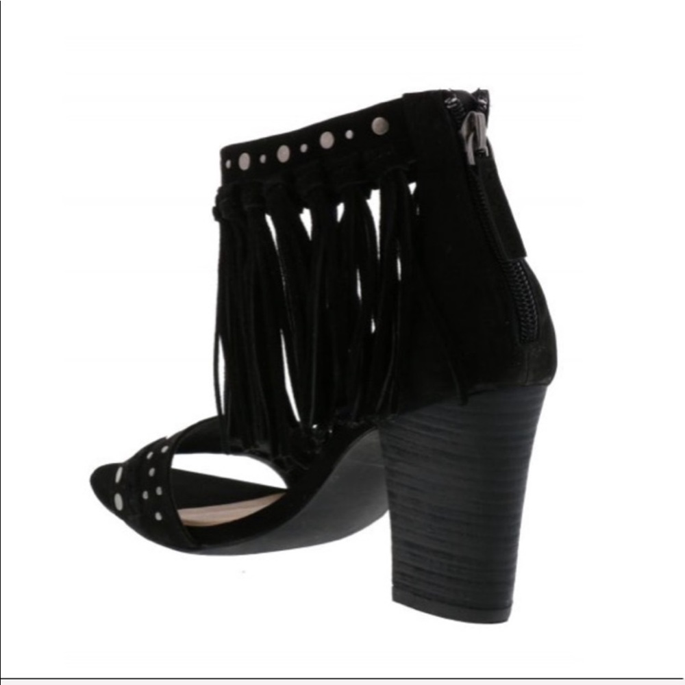 NIB Black Leather Fringe Boho Block Heel Sandal - Picture 2 of 3